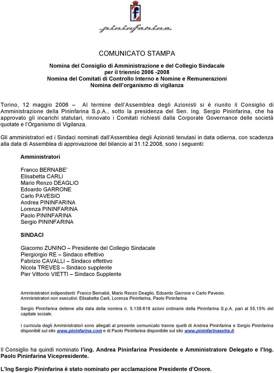 Sergio Pininfarina, che ha approvato gli incarichi statutari, rinnovato i Comitati richiesti dalla Corporate Governance delle società quotate e l Organismo di Vigilanza.