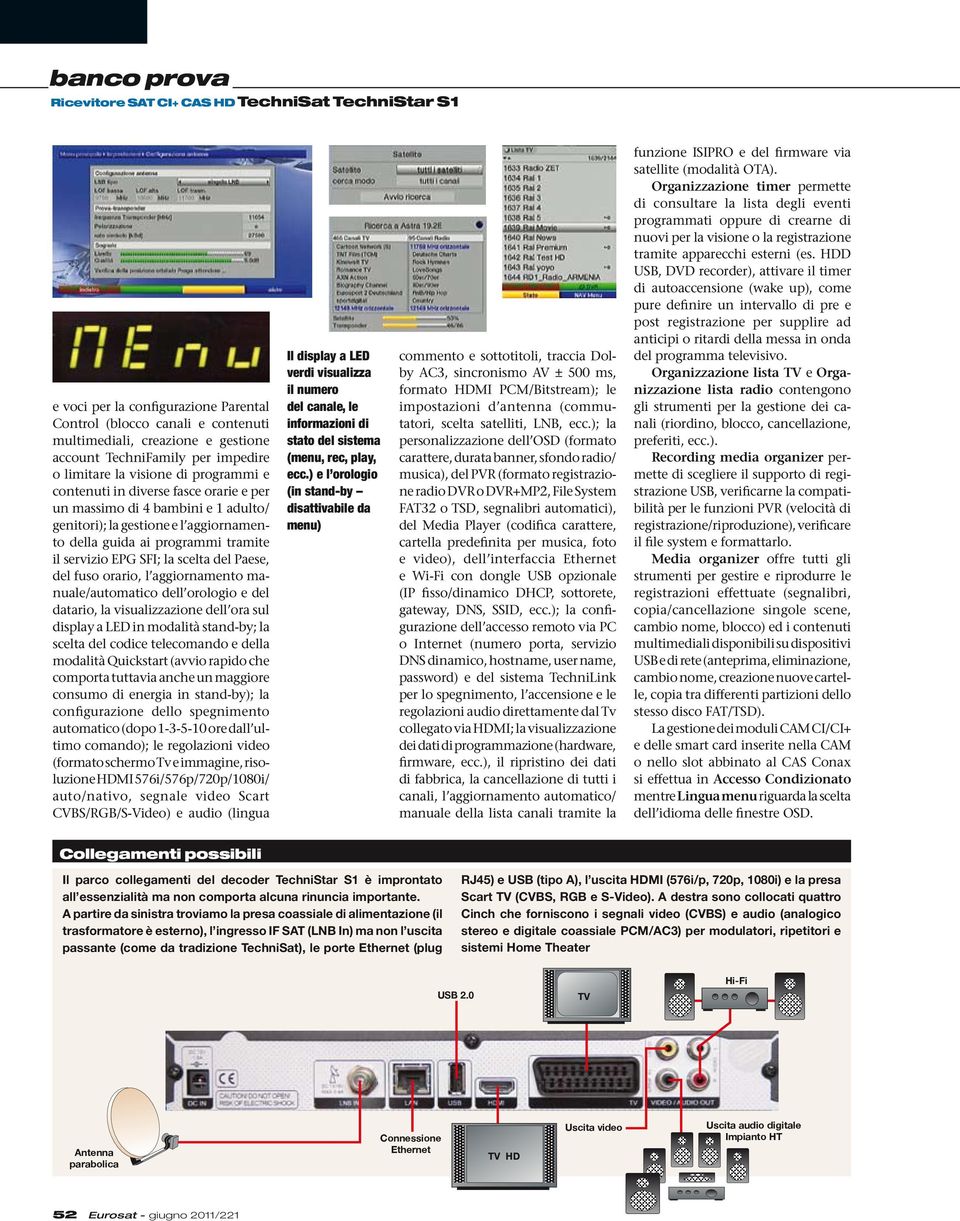 servizio EPG SFI; la scelta del Paese, del fuso orario, l aggiornamento manuale/automatico dell orologio e del datario, la visualizzazione dell ora sul display a LED in modalità stand-by; la scelta