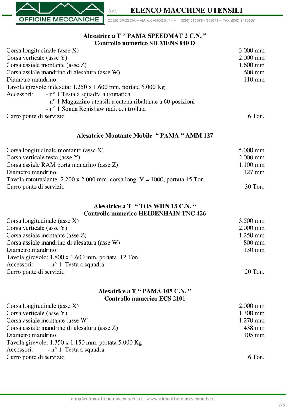 Alesatrice Montante Mobile PAMA AMM 127 Corsa assiale RAM porta mandrino (asse Z) Tavola rototraslante: 2.200 x, corsa long. V = 1000, portata 15 Ton 1.100 mm 127 mm Alesatrice a T TOS WHN 