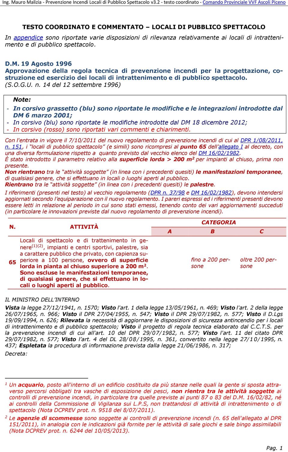 14 del 12 settembre 1996) Note: - In corsivo grassetto (blu) sono riportate le modifiche e le integrazioni introdotte dal DM 6 marzo 2001; - In corsivo (blu) sono riportate le modifiche introdotte