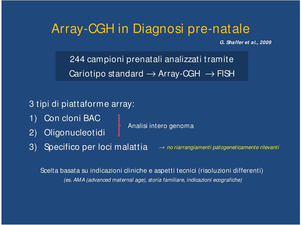 , 2009 3 tipi di piattaforme array: 1) Con cloni BAC 2) Oligonucleotidi 3) Specifico per loci malattia Analisi
