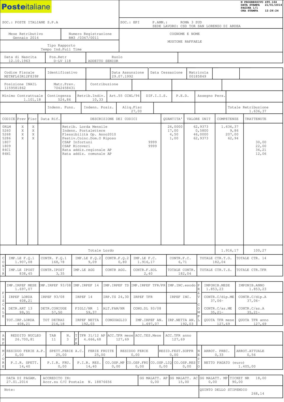 Full Time Data di Nascita Pos.Retr Ruolo 12.10.1963 D-LV 118 ADDETTO SENIOR Codice Fiscale Identificativo Data Assunzione Data Cessazione Matricola MSTRFL63R12F839P 29.07.