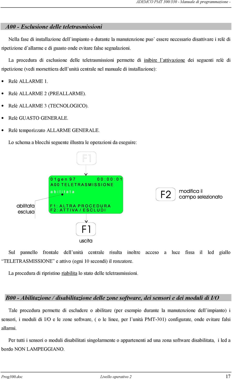 La procedura di esclusione delle teletrasmissioni permette di inibire l attivazione dei seguenti relè di ripetizione (vedi morsettiera dell unità centrale nel manuale di installazione): Relè ALLARME