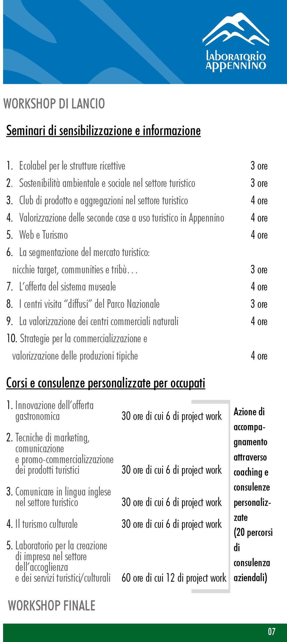 La segmentazione del mercato turistico: nicchie target, communities e tribù 3 ore 7. L offerta del sistema museale 4 ore 8. I centri visita diffusi del Parco Nazionale 3 ore 9.