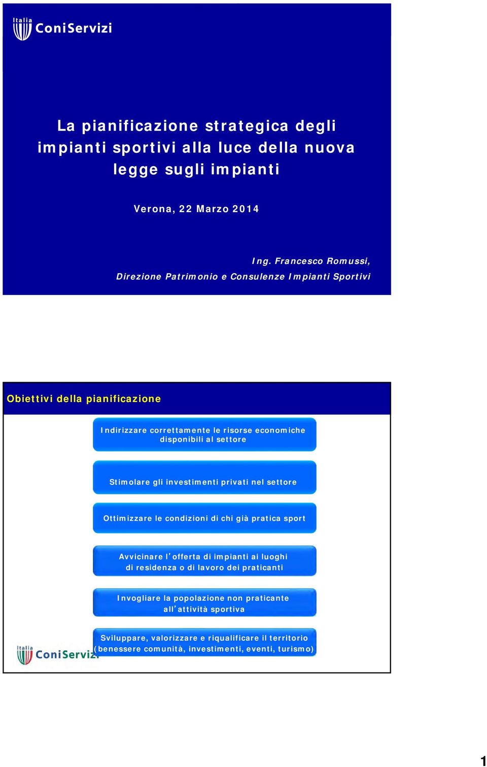 al settore Stimolare gli investimenti privati nel settore Ottimizzare le condizioni di chi già pratica sport Avvicinare l offerta di impianti ai luoghi di