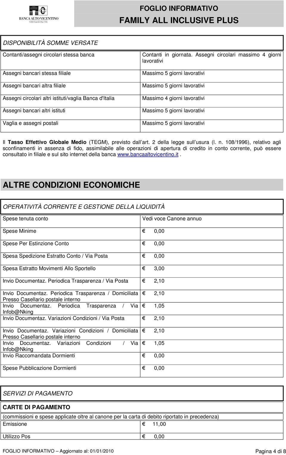 Assegni circolari massimo 4 giorni lavorativi Massimo 5 giorni lavorativi Massimo 5 giorni lavorativi Massimo 4 giorni lavorativi Massimo 5 giorni lavorativi Massimo 5 giorni lavorativi Il Tasso