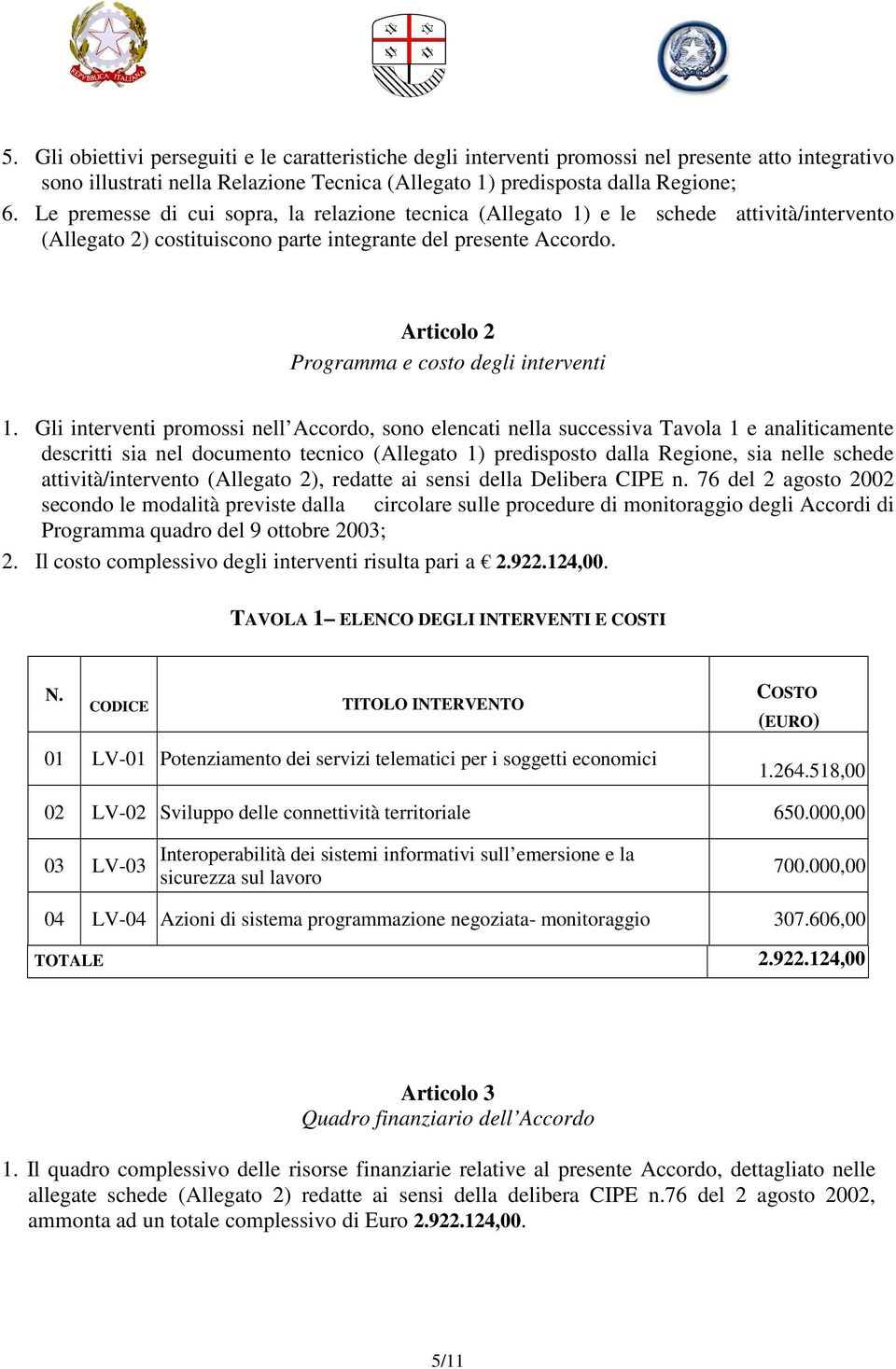 Articolo 2 Programma e costo degli interventi 1.