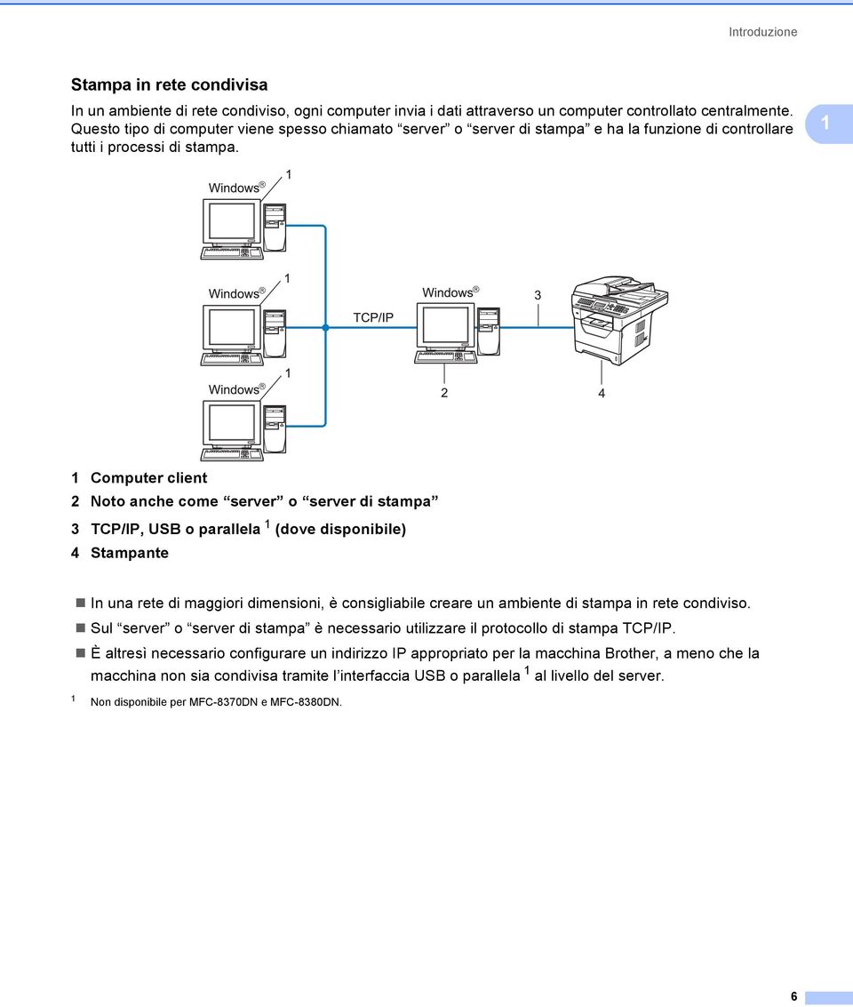 1 1 Computer client 2 Noto anche come server o server di stampa 3 TCP/IP, USB o parallela 1 (dove disponibile) 4 Stampante In una rete di maggiori dimensioni, è consigliabile creare un ambiente di