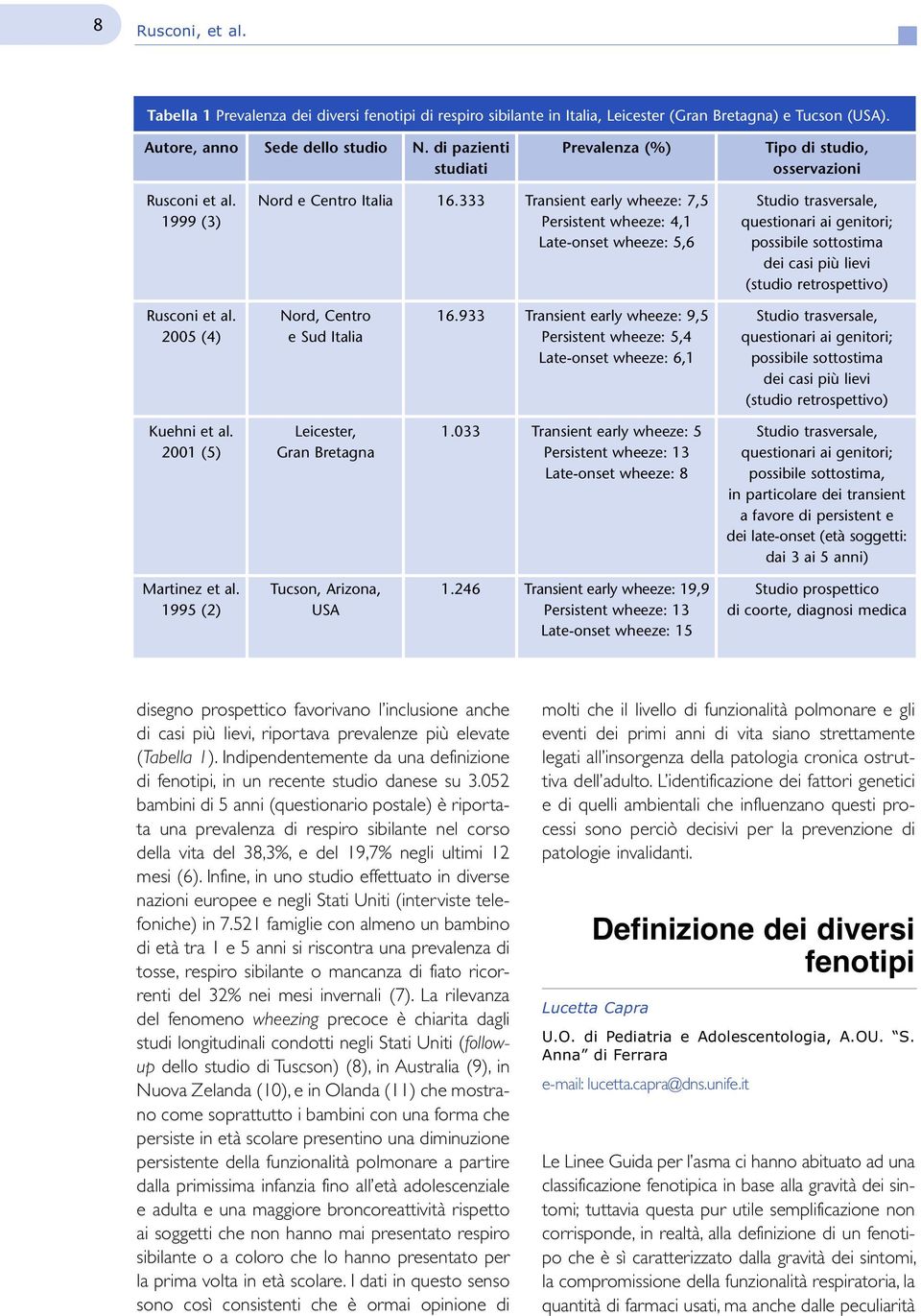 333 Transient early wheeze: 7,5 Studio trasversale, 1999 (3) Persistent wheeze: 4,1 questionari ai genitori; Late-onset wheeze: 5,6 possibile sottostima dei casi più lievi (studio retrospettivo)