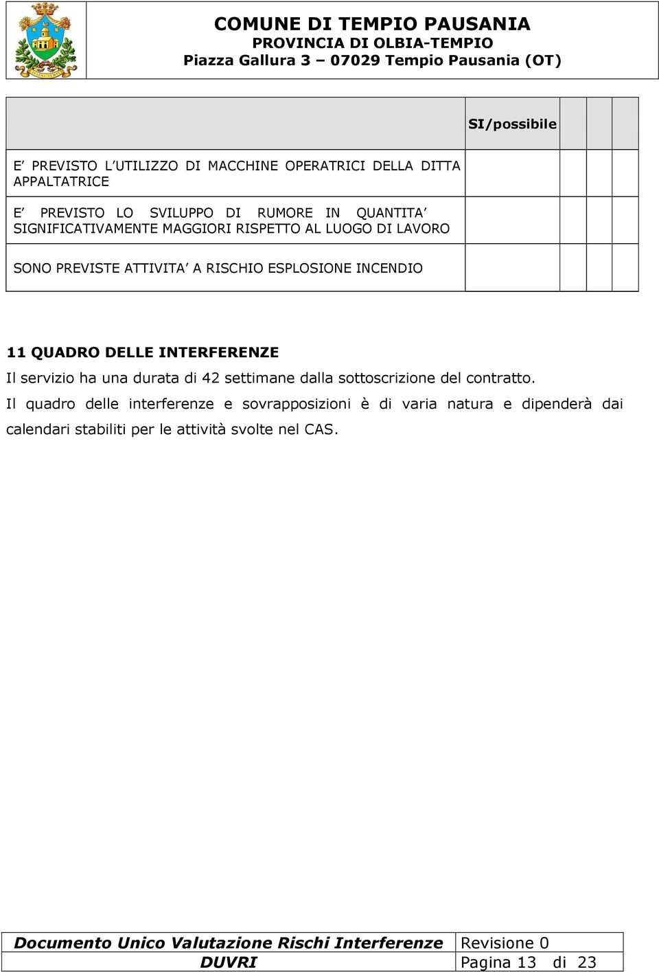 INTERFERENZE Il servizio ha una durata di 42 settimane dalla sottoscrizione del contratto.