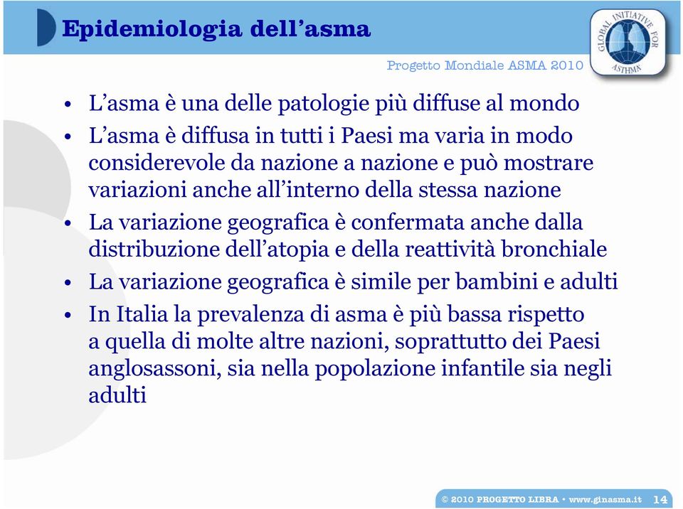 dell atopia e della reattività bronchiale La variazione geografica è simile per bambini e adulti In Italia la prevalenza di asma è più bassa