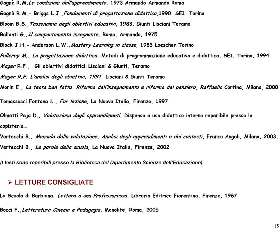 ,Mastery Learning in classe, 1983 Loescher Torino Pellerey M., La progettazione didattica, Metodi di programmazione educativa e didattica, SEI, Torino, 1994 Mager R.F.
