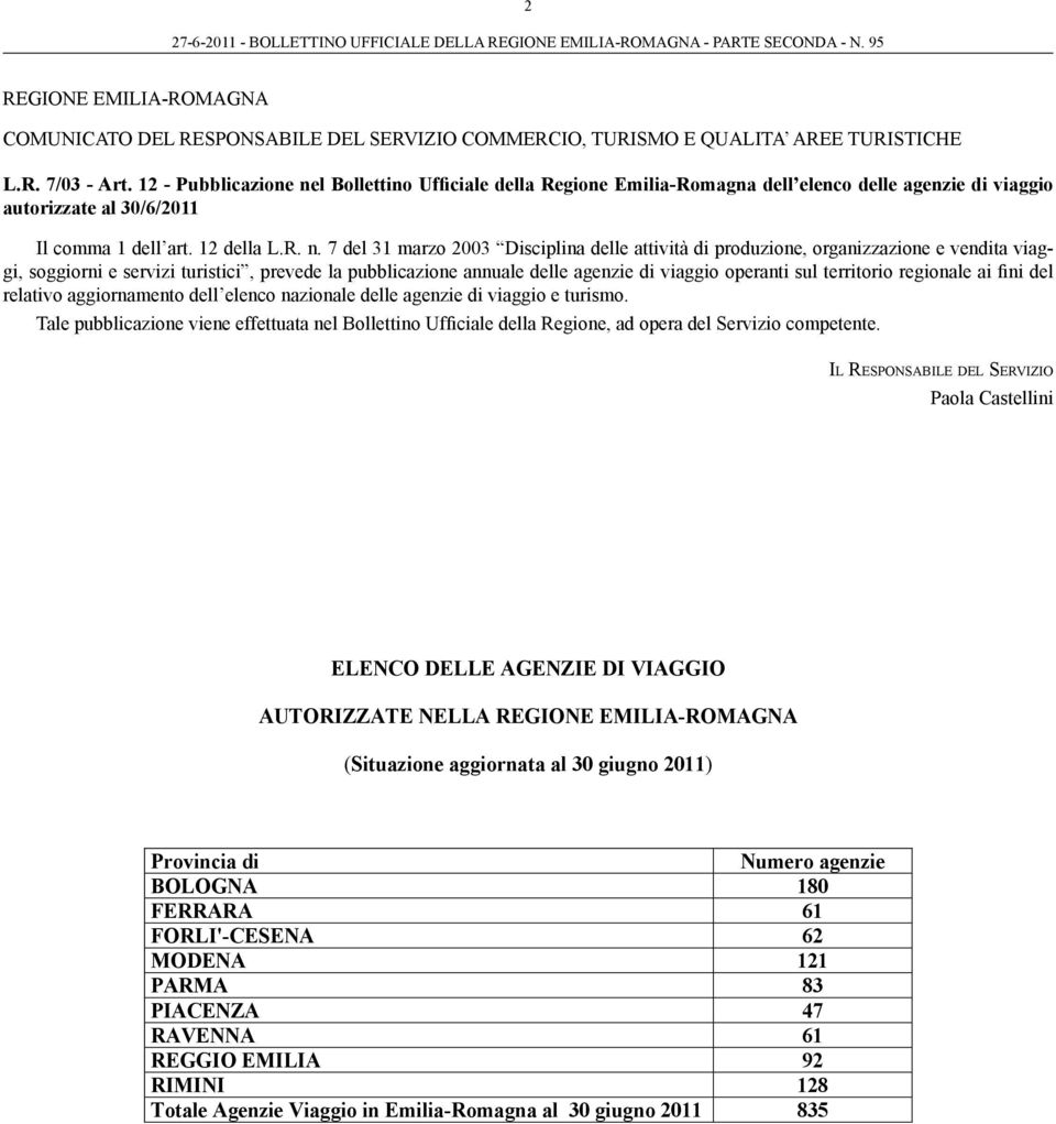 l Bollettino Ufficiale della Regione Emilia-Romagna dell elenco delle agenzie di viaggio autorizzate al 30/6/2011 Il comma 1 dell art. 12 della L.R. n.