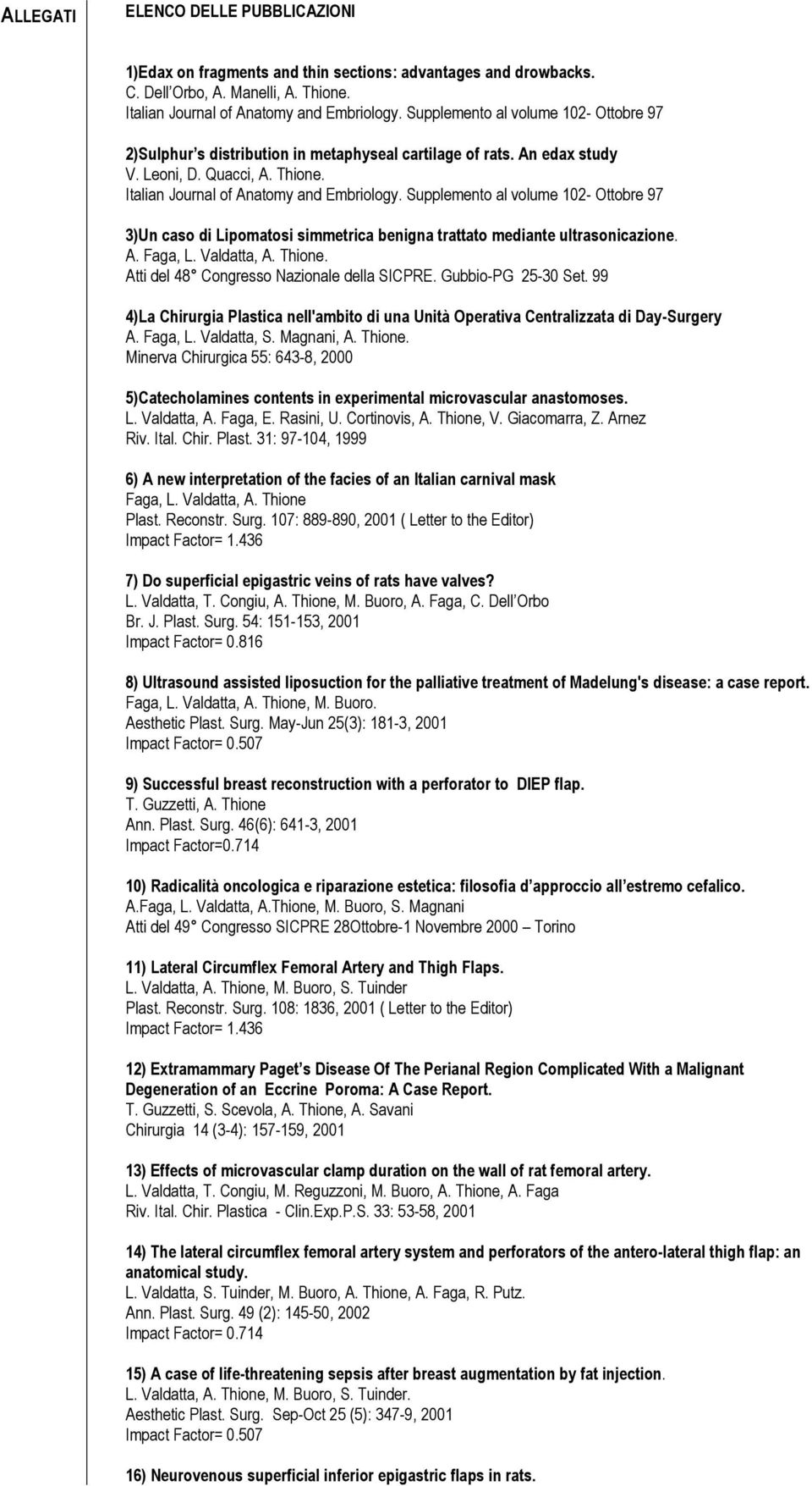 Supplemento al volume 102- Ottobre 97 3)Un caso di Lipomatosi simmetrica benigna trattato mediante ultrasonicazione. A. Faga, L. Valdatta, A. Thione. Atti del 48 Congresso Nazionale della SICPRE.