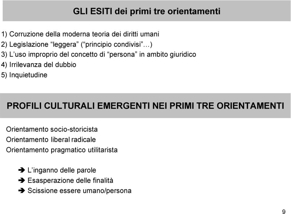 Inquietudine PROFILI CULTURALI EMERGENTI NEI PRIMI TRE ORIENTAMENTI Orientamento socio-storicista Orientamento liberal