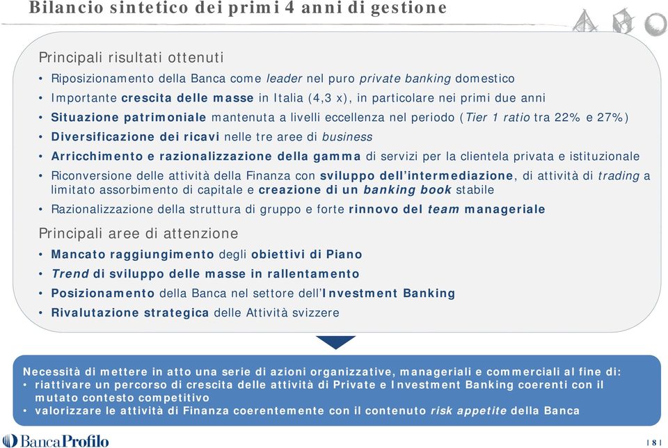 Arricchimento e razionalizzazione della gamma di servizi per la clientela privata e istituzionale Riconversione delle attività della Finanza con sviluppo dell intermediazione, di attività di trading