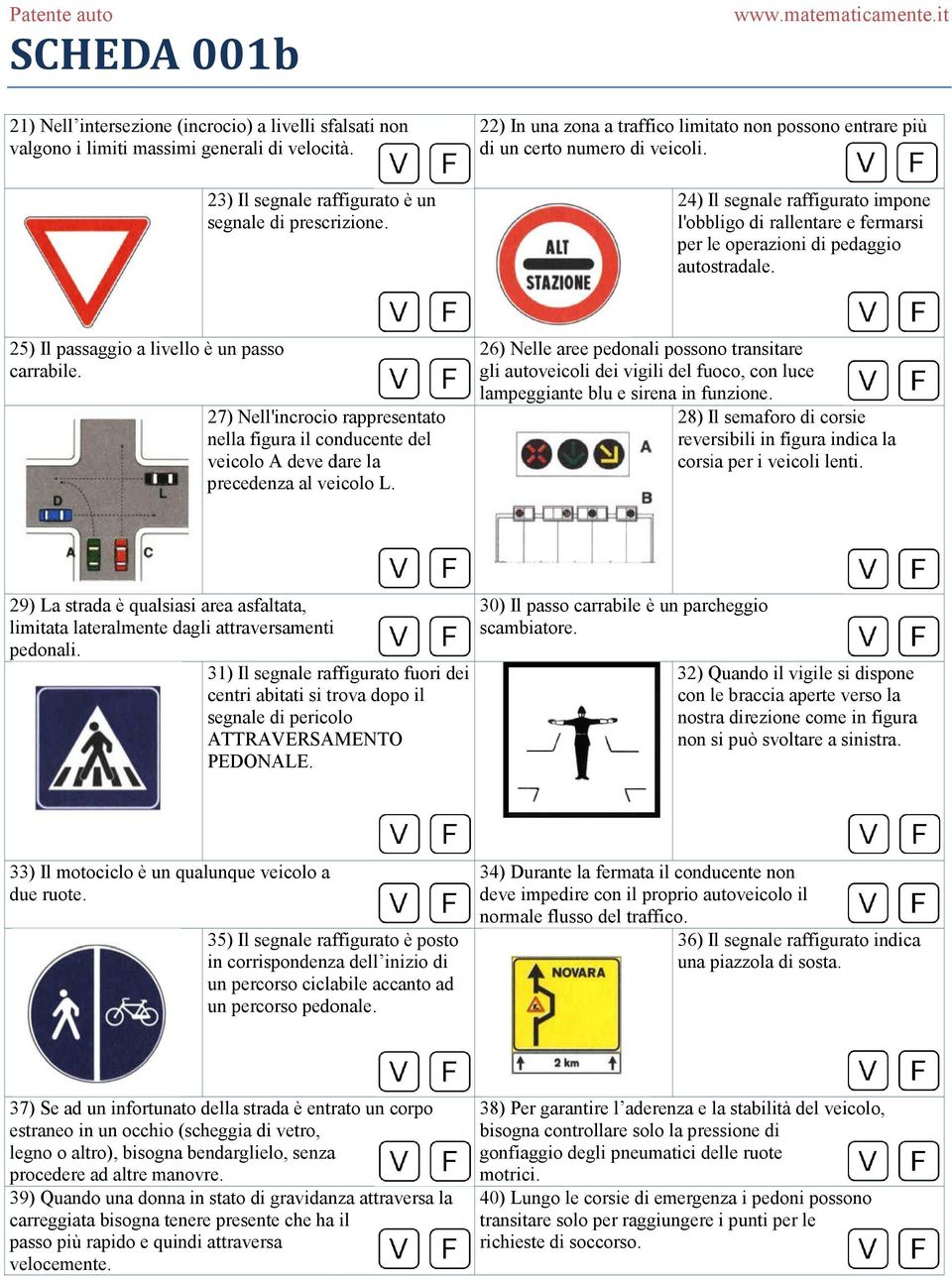 24) Il segnale raffigurato impone l'obbligo di rallentare e fermarsi per le operazioni di pedaggio autostradale. 25) Il passaggio a livello è un passo carrabile.