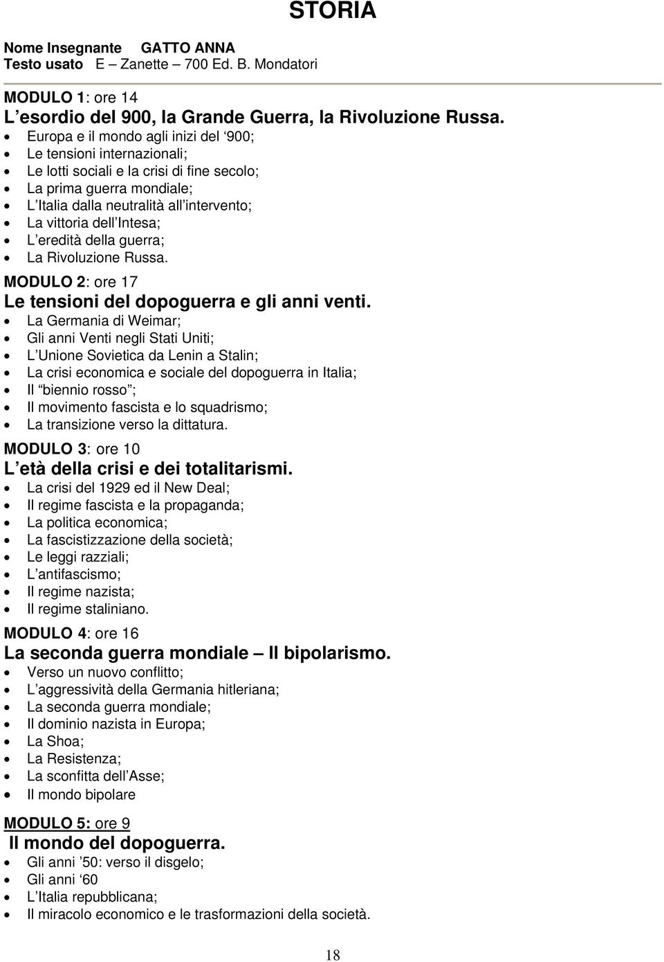 Intesa; L eredità della guerra; La Rivoluzione Russa. MODULO 2: ore 17 Le tensioni del dopoguerra e gli anni venti.