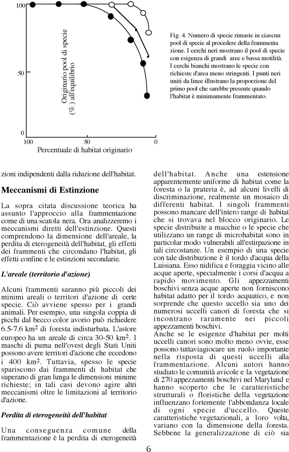 I punti neri uniti da linee illustrano la proporzione del primo pool che sarebbe presente quando l'habitat è minimamente frammentato.