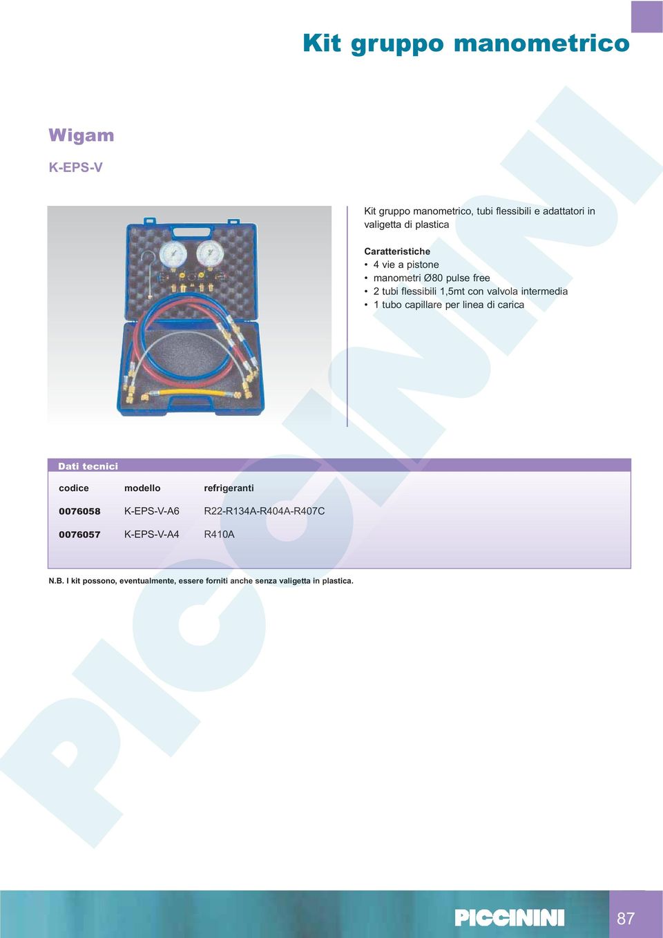 1 tubo capillare per linea di carica Dati tecnici codice modello refrigeranti 0076058 K-EPS-V-A6