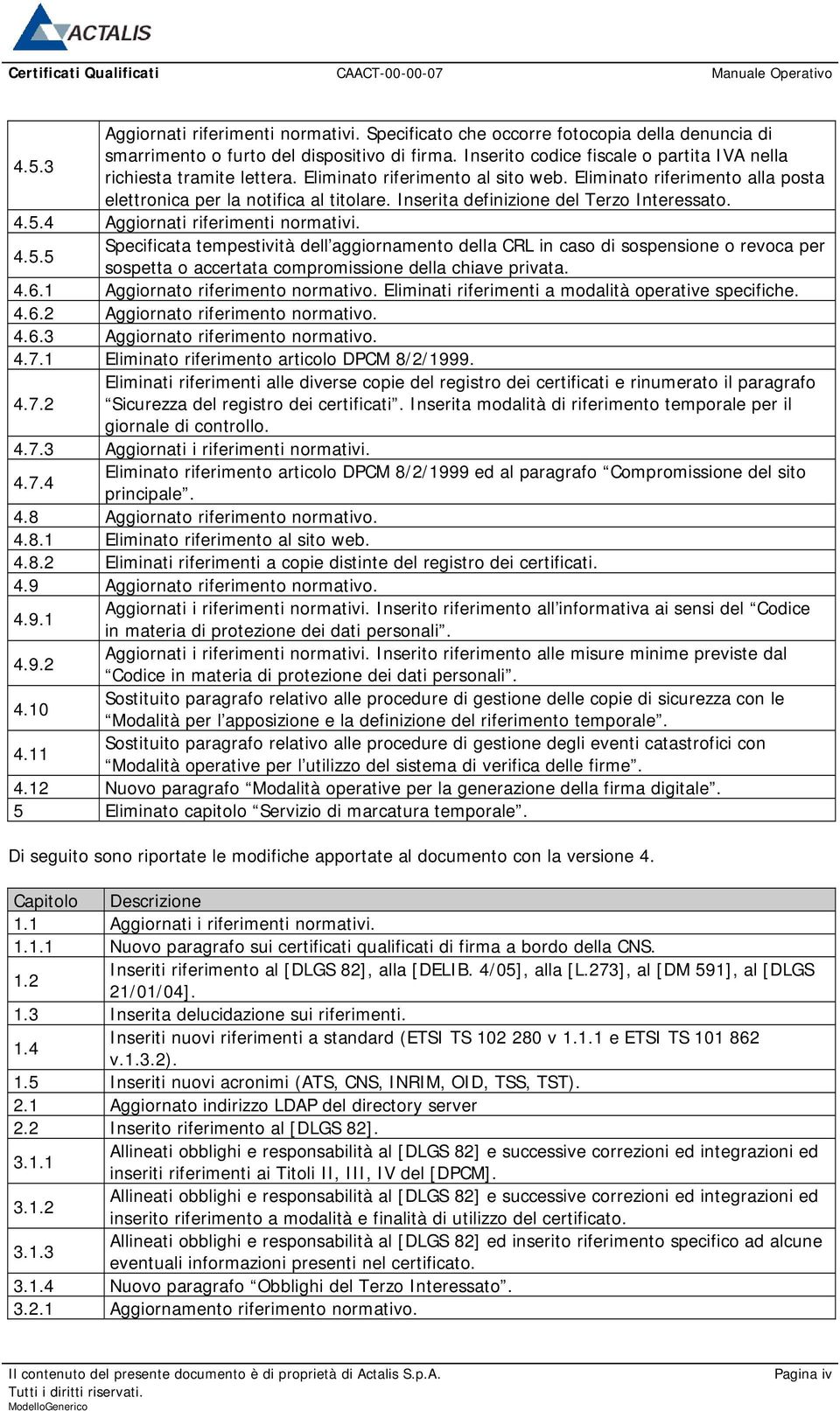 Inserita definizione del Terzo Interessato. 4.5.4 Aggiornati riferimenti normativi. 4.5.5 Specificata tempestività dell aggiornamento della CRL in caso di sospensione o revoca per sospetta o accertata compromissione della chiave privata.