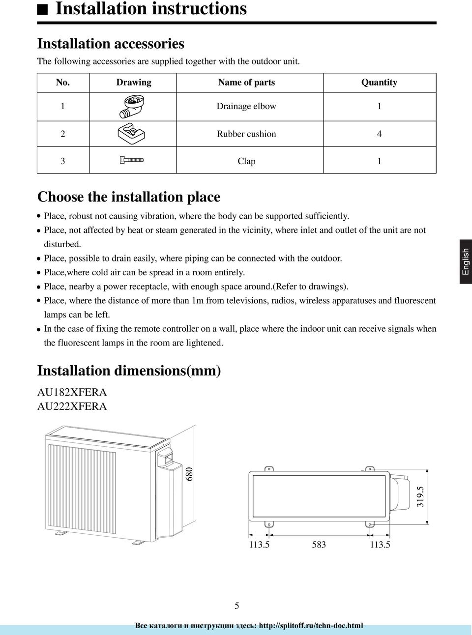 Place, not affected by heat or steam generated in the vicinity, where inlet and outlet of the unit are not disturbed. Place, possible to drain easily, where piping can be connected with the outdoor.