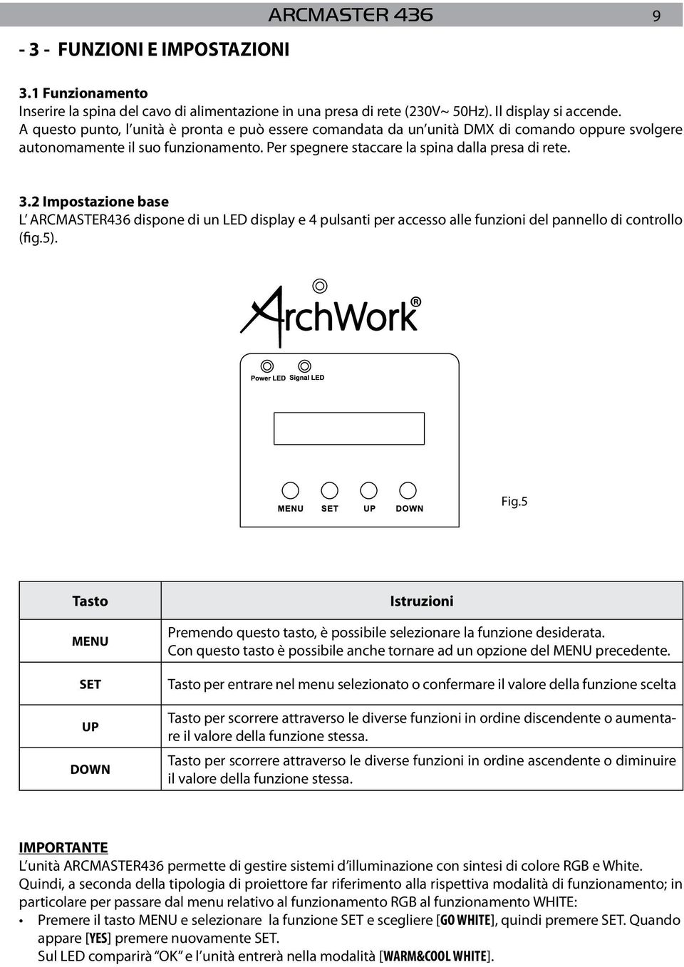 2 Impostazione base L ARCMASTER436 dispone di un LED display e 4 pulsanti per accesso alle funzioni del pannello di controllo (fig.5). Fig.
