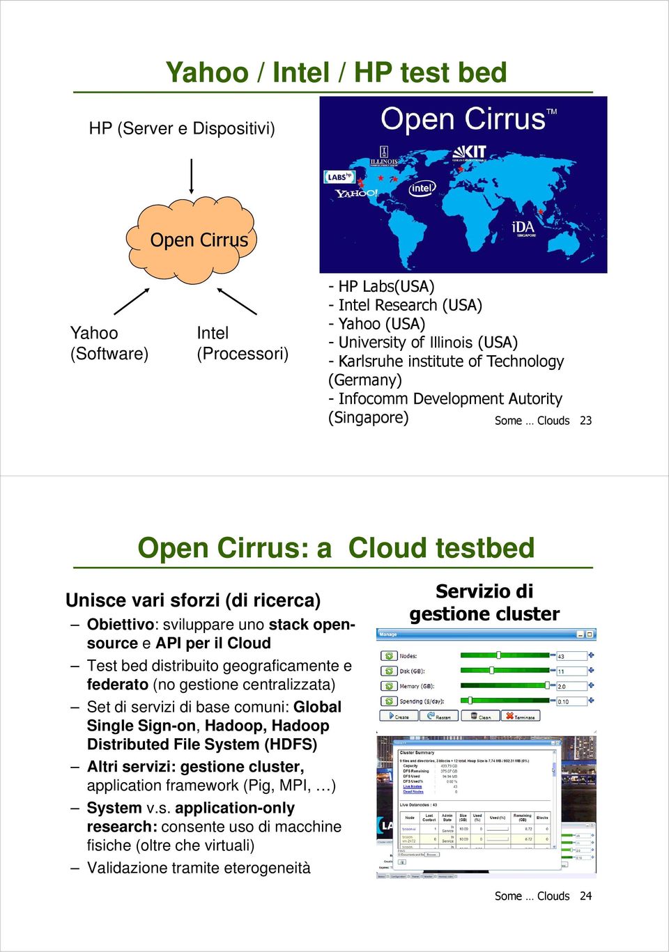 API per il Cloud Test bed distribuito geograficamente e federato (no gestione centralizzata) Set di servizi di base comuni: Global Single Sign-on, Hadoop, Hadoop Distributed File System (HDFS) Altri