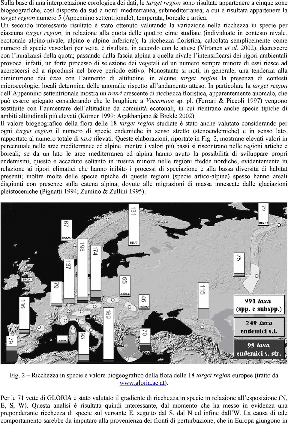 Un secondo interessante risultato è stato ottenuto valutando la variazione nella ricchezza in specie per ciascuna target region, in relazione alla quota delle quattro cime studiate (individuate in