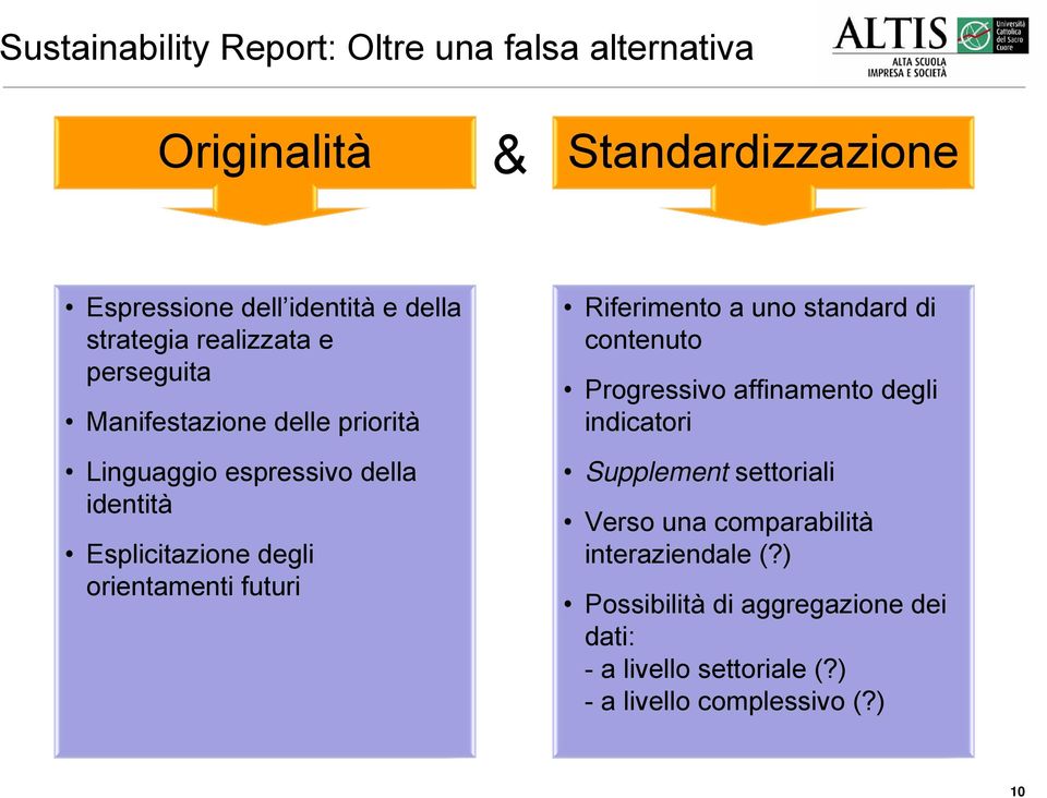 orientamenti futuri Riferimento a uno standard di contenuto Progressivo affinamento degli indicatori Supplement settoriali