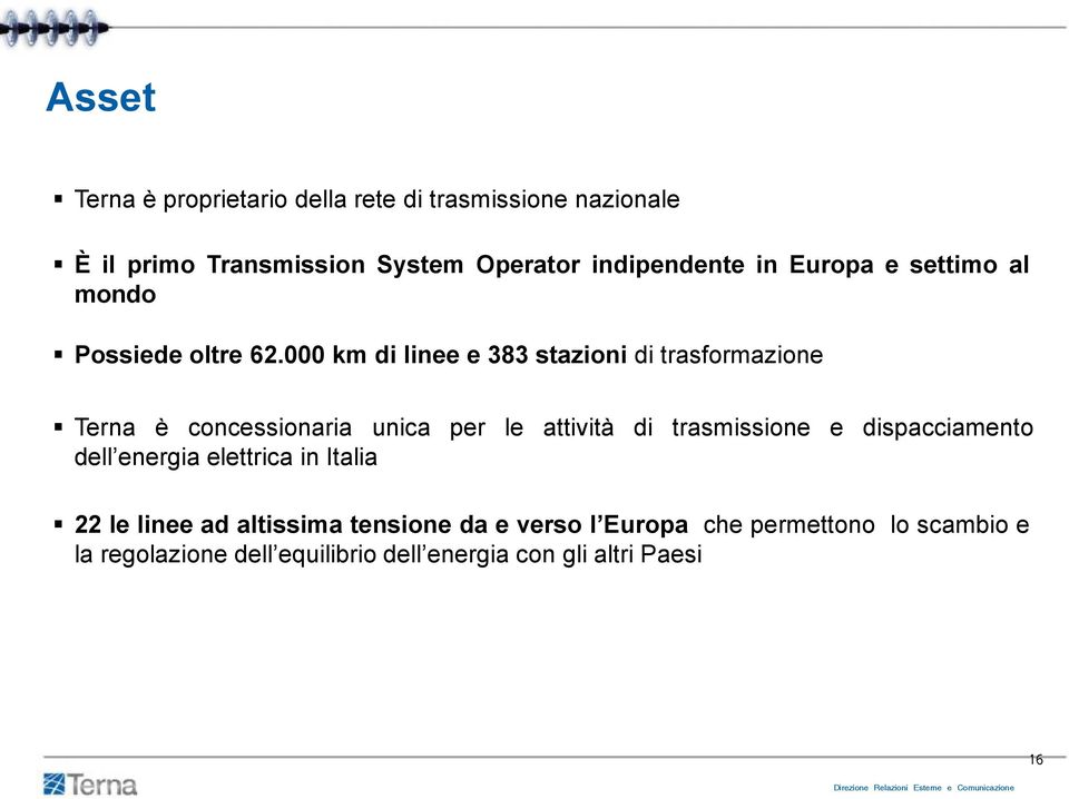 000 km di linee e 383 stazioni di trasformazione Terna è concessionaria unica per le attività di trasmissione e dispacciamento