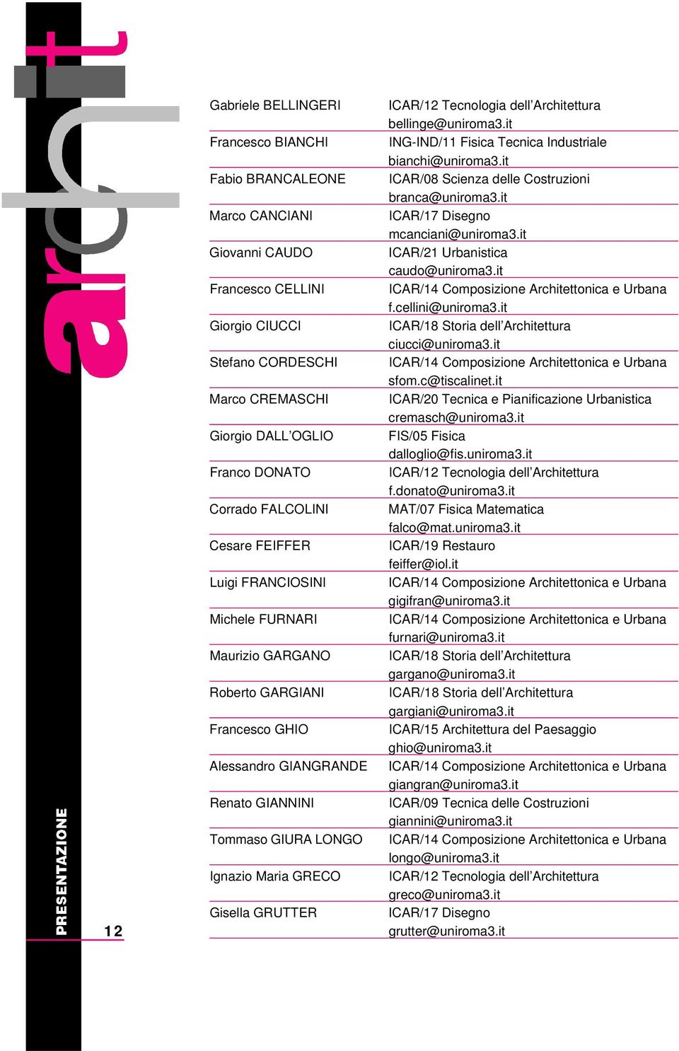 GRUTTER ICAR/12 Tecnologia dell Architettura bellinge@uniroma3.it ING-IND/11 Fisica Tecnica Industriale bianchi@uniroma3.it ICAR/08 Scienza delle Costruzioni branca@uniroma3.