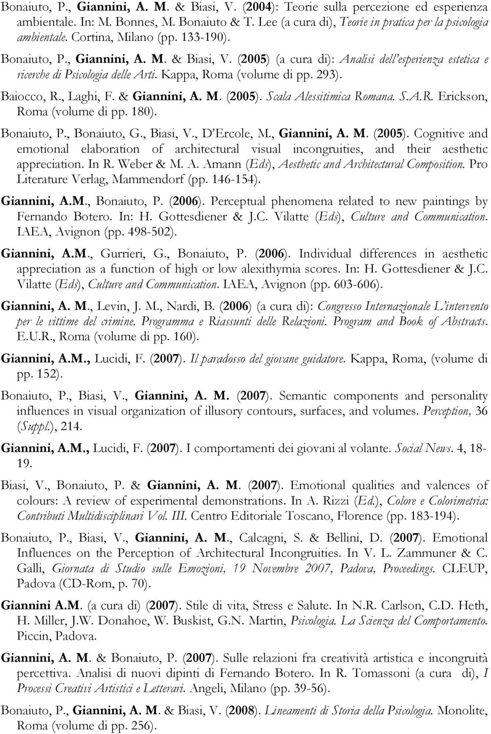 Baiocco, R., Laghi, F. & Giannini, A. M. (2005). Scala Alessitimica Romana. S.A.R. Erickson, Roma (volume di pp. 180). Bonaiuto, P., Bonaiuto, G., Biasi, V., D Ercole, M., Giannini, A. M. (2005). Cognitive and emotional elaboration of architectural visual incongruities, and their aesthetic appreciation.