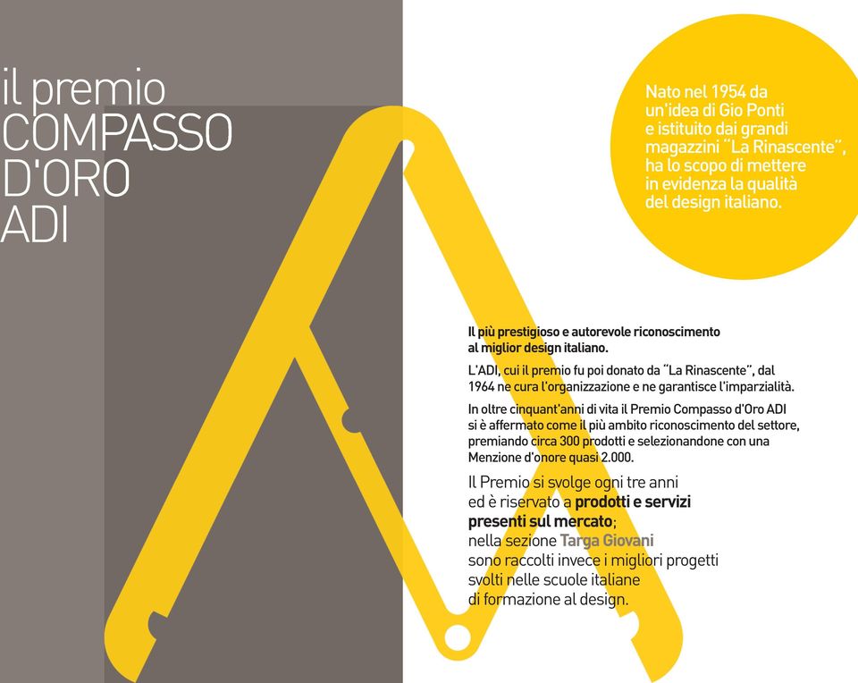 In oltre cinquant'anni di vita il Premio Compasso d'oro ADI si è affermato come il più ambito riconoscimento del settore, premiando circa 300 prodotti e selezionandone con una Menzione d'onore quasi