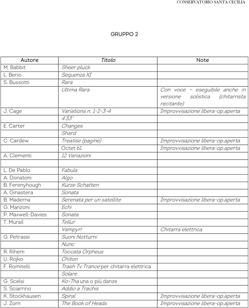 Clementi 12 Variazioni L. De Pablo Fabula A. Donatoni Algo B. Ferenyhough Kurze Schatten A. Ginastera Sonata B. Maderna Serenata per un satellite Improvvisazione libera-op.aperta G. Manzoni Echi P.