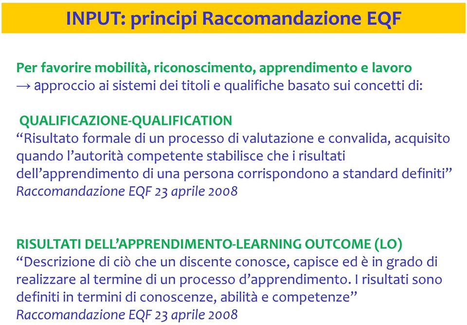 di una persona corrispondono a standard definiti Raccomandazione EQF 23 aprile 2008 RISULTATI DELL APPRENDIMENTO-LEARNING OUTCOME (LO) Descrizione di ciò che un discente