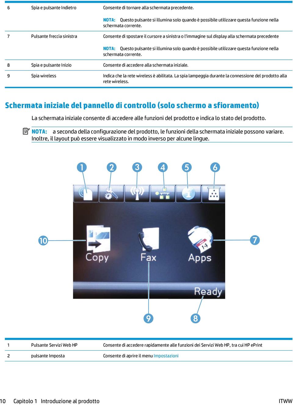 NOTA: Questo pulsante si illumina solo quando è possibile utilizzare questa funzione nella schermata corrente. 9 Spia wireless Indica che la rete wireless è abilitata.