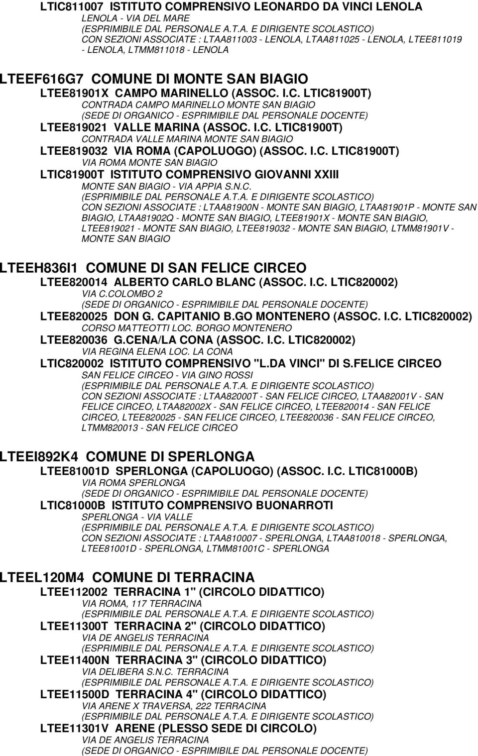 I.C. LTIC81900T) VIA ROMA MONTE SAN BIAGIO LTIC81900T ISTITUTO COMPRENSIVO GIOVANNI XXIII MONTE SAN BIAGIO - VIA APPIA S.N.C. CON SEZIONI ASSOCIATE : LTAA81900N - MONTE SAN BIAGIO, LTAA81901P - MONTE