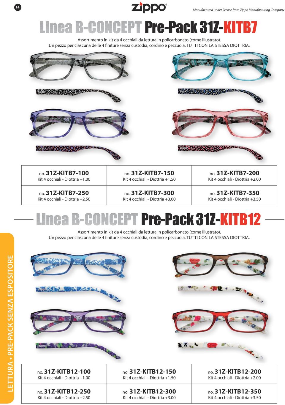 00 no. 31Z-KITB7-350 Kit 4 occhiali - +3.50 Pre-Pack 31Z-KITB12 Assortimento in kit da 4 occhiali da lettura in policarbonato (come illustrato).
