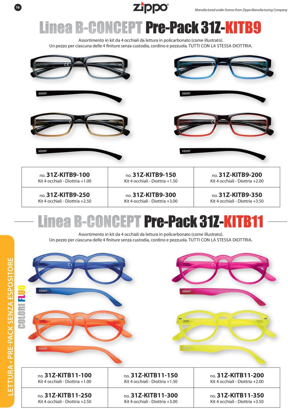 00 no. 31Z-KITB9-350 Kit 4 occhiali - +3.50 Pre-Pack 31Z-KITB11 Assortimento in kit da 4 occhiali da lettura in policarbonato (come illustrato).