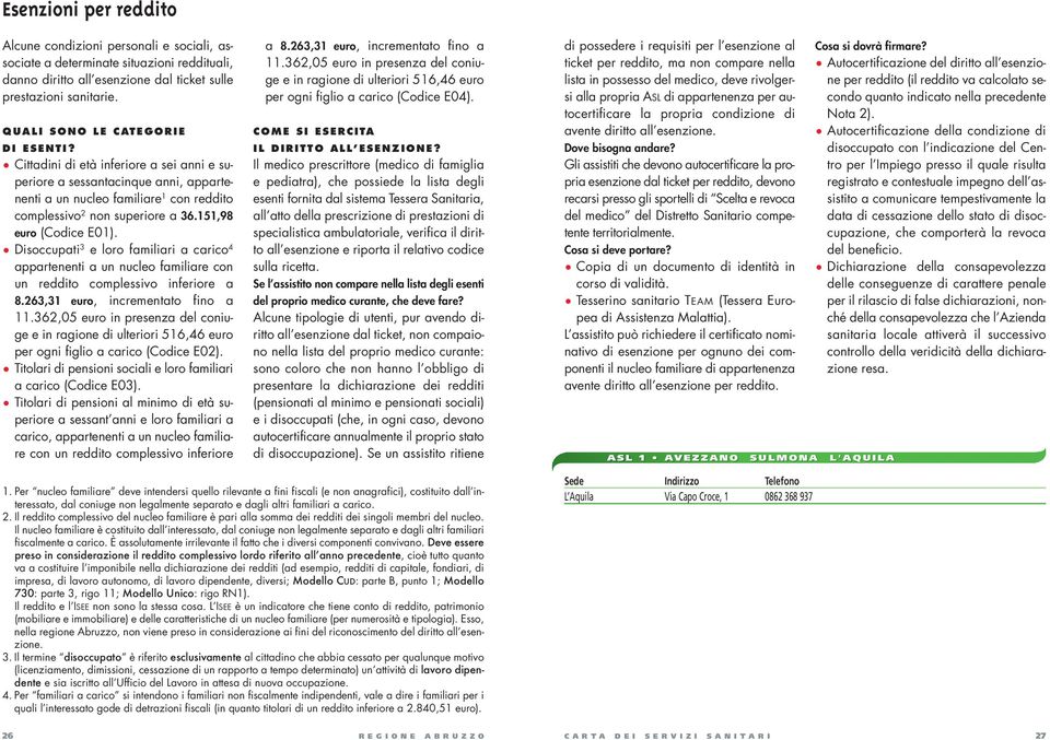 Cittadini di età inferiore a sei anni e superiore a sessantacinque anni, appartenenti a un nucleo familiare 1 con reddito complessivo 2 non superiore a 36.151,98 euro (Codice E01).