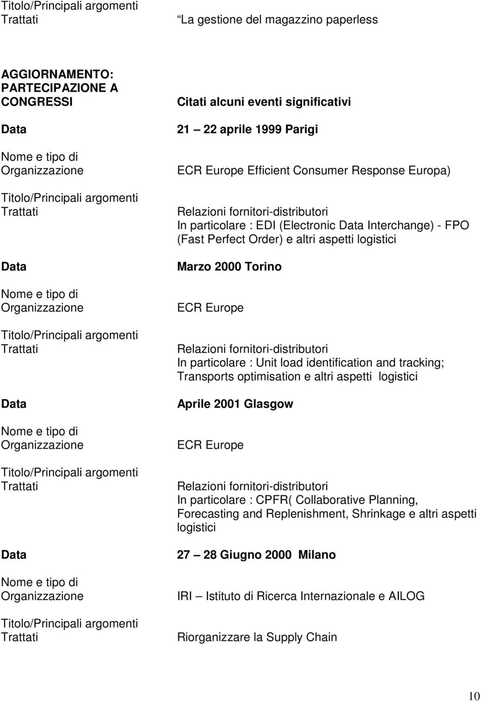 fornitori-distributori In particolare : Unit load identification and tracking; Transports optimisation e altri aspetti logistici Aprile 2001 Glasgow ECR Europe Relazioni