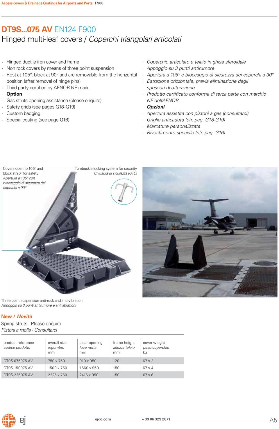 removable from the horizontal position (after removal of hinge pins) Third party certified by AFNOR NF mark Option Gas struts opening assistance (please enquire) Safety grids (see pages G18-G19)