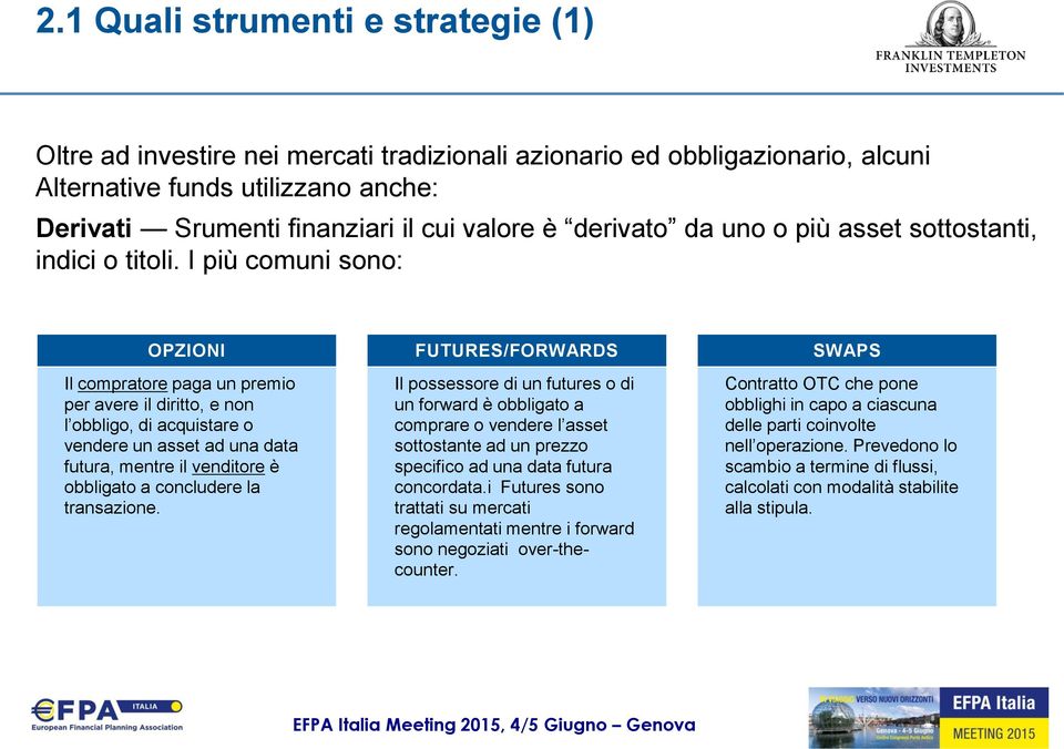 I più comuni sono: OPZIONI Il compratore paga un premio per avere il diritto, e non l obbligo, di acquistare o vendere un asset ad una data futura, mentre il venditore è obbligato a concludere la