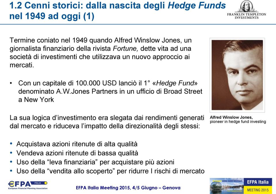 Jones Partners in un ufficio di Broad Street a New York La sua logica d investimento era slegata dai rendimenti generati dal mercato e riduceva l impatto della direzionalità degli stessi: Alfred