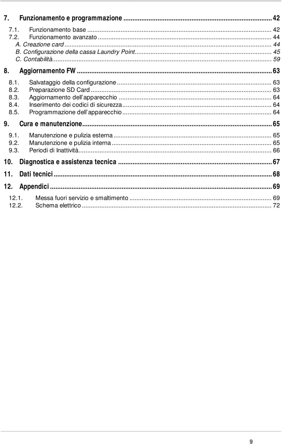 8.4. Inserimento dei codici di sicurezza... 64 8.5. Programmazione dell apparecchio... 64 9. Cura e manutenzione...65 9.1. Manutenzione e pulizia esterna... 65 9.2.