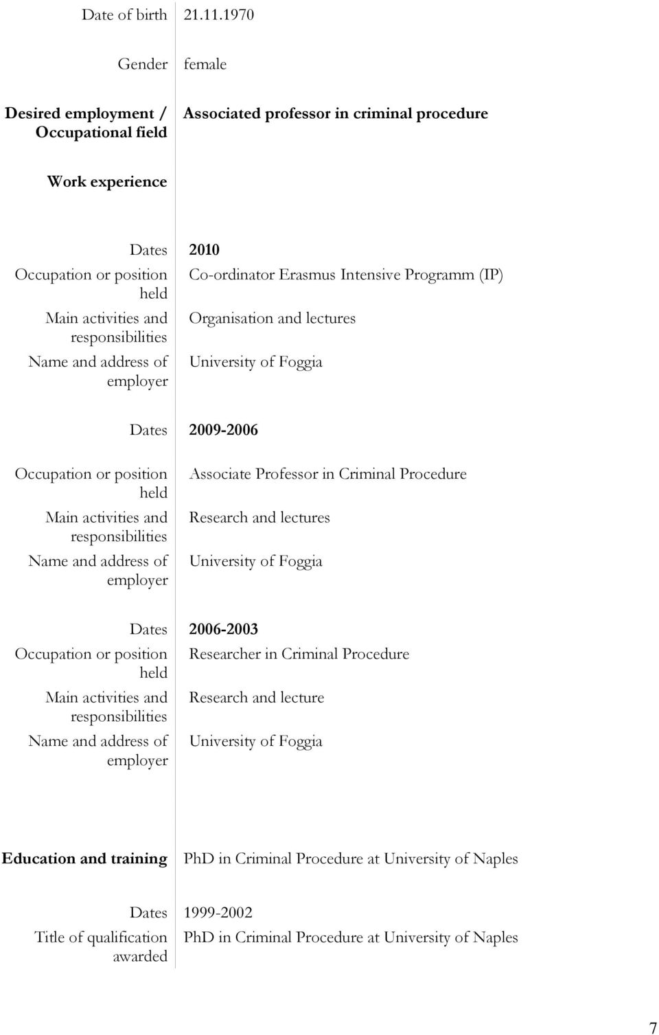 of employer Dates 2010 Co-ordinator Erasmus Intensive Programm (IP) Organisation and lectures University of Foggia Dates 2009-2006 Occupation or position held Main activities and responsibilities