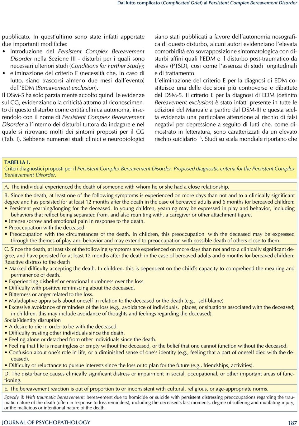 (Conditions for Further Study); eliminazione del criterio E (necessità che, in caso di lutto, siano trascorsi almeno due mesi dall evento) dell EDM (Bereavement exclusion).