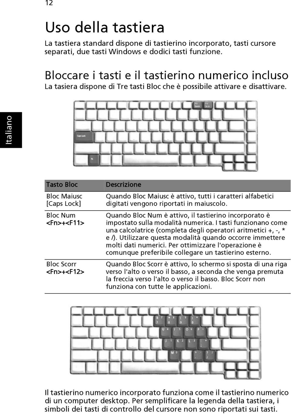 Tasto Bloc Bloc Maiusc [Caps Lock] Bloc Num <Fn>+<F11> Bloc Scorr <Fn>+<F12> Descrizione Quando Bloc Maiusc è attivo, tutti i caratteri alfabetici digitati vengono riportati in maiuscolo.