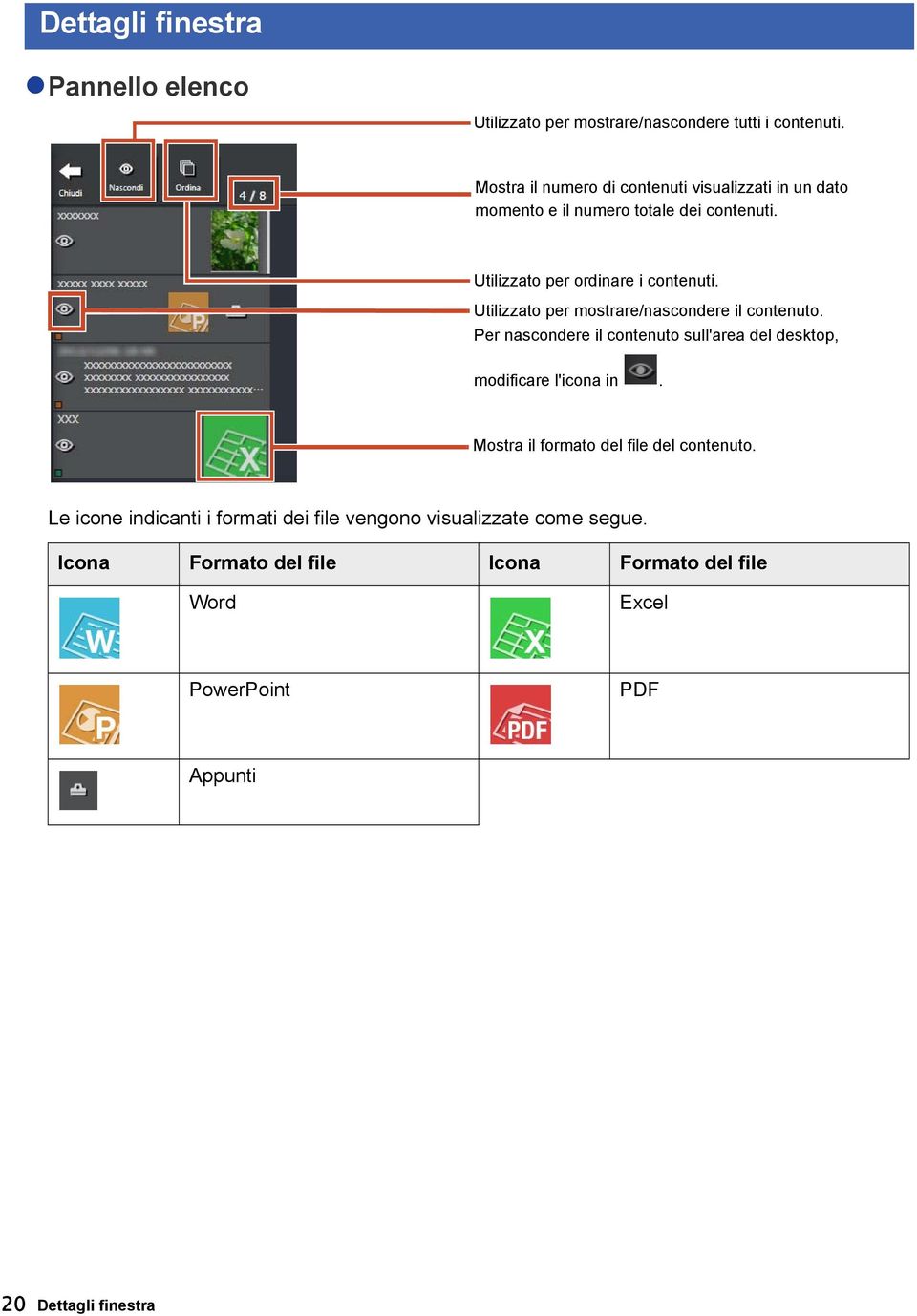 Utilizzato per mostrare/nascondere il contenuto. Per nascondere il contenuto sull'area del desktop, modificare l'icona in.